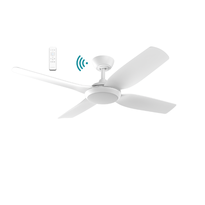 Model Number: MVDC1243W Brushless quiet and efficient 33W or 36W DC motor WiFi connectivity and operate via Smart Life application Low ceiling and slimline designed ideal for indoor and covered outdoor applications Unique comfort sleep and breeze mode + 6 other speed settings All ABS body, canopy and blades and PMMA lens cover Fully reversible for summer and winter mode from remote control Supplied with 8 speed remote control 18W LED with variable dimming Variable 6 stage colour temperature between 2700K to 6000K